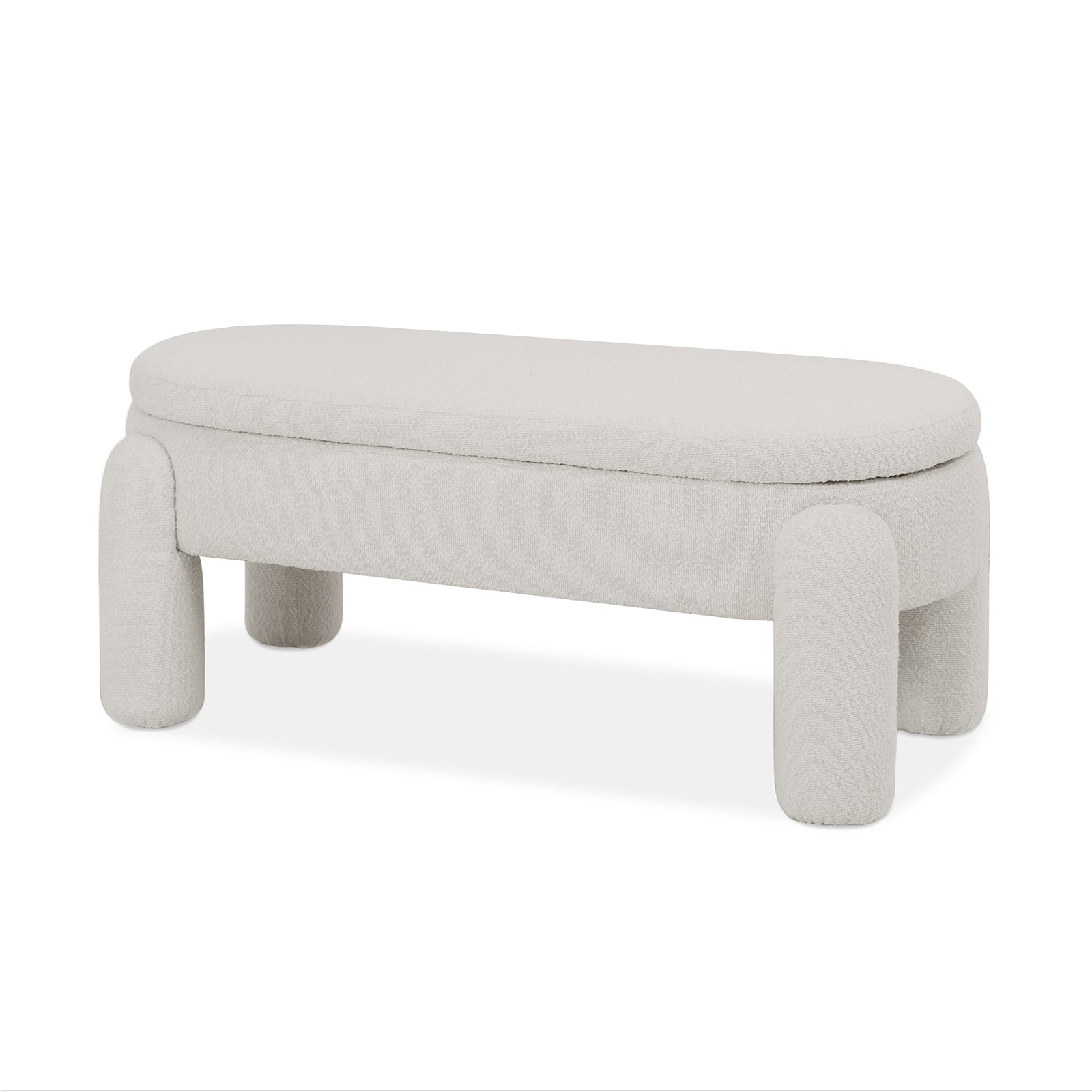 Lonea Bouclé Upholstered Bench with Storage Light Beige featuring soft boucle fabric, cushioned seating, and a solid wood frame. The bench includes a hidden compartment, showcasing its functional design.