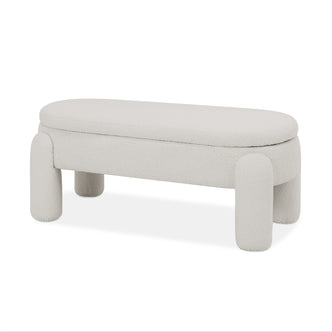 Lonea Bouclé Upholstered Bench with Storage Light Beige featuring soft boucle fabric, cushioned seating, and a solid wood frame. The bench includes a hidden compartment, showcasing its functional design.