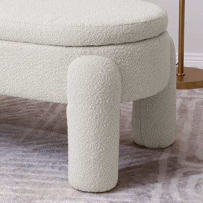 Lonea Bouclé Upholstered Bench w/ Storage Light Beige, showing luxurious boucle fabric and plush padding atop a sturdy wood frame, featuring a hidden storage compartment for a modern, organized look.