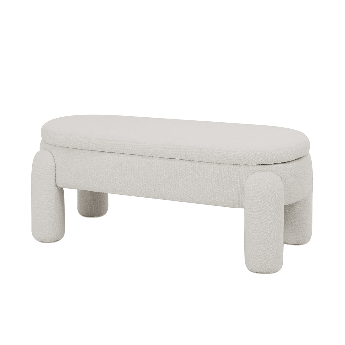 Lonea Bouclé Upholstered Bench w/ Storage Light Beige, showcasing soft bouclé fabric, cushioned seating, and a sleek design with a solid wood frame, featuring a hidden storage compartment underneath.