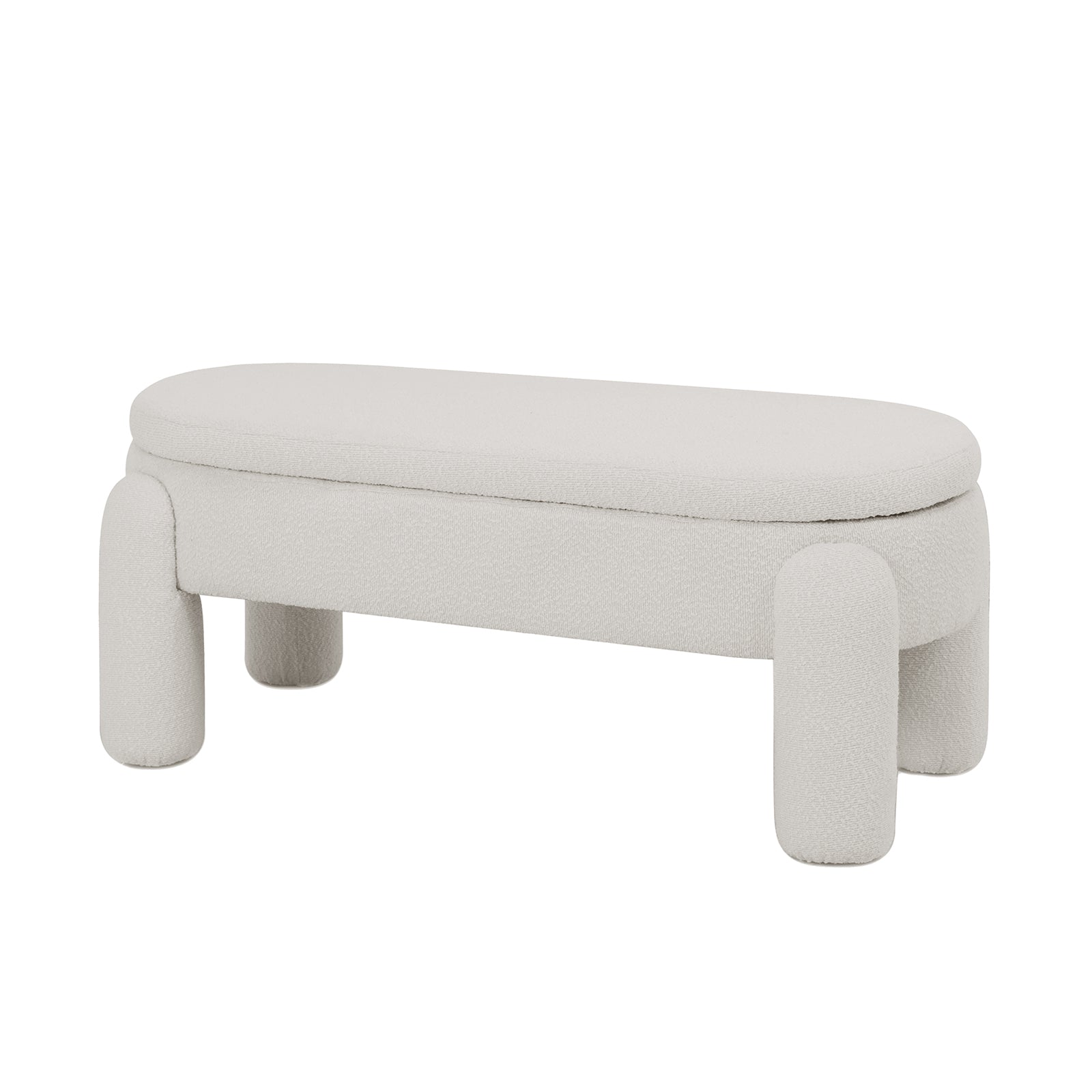 Lonea Bouclé Upholstered Bench w/ Storage Light Beige, showcasing soft bouclé fabric, cushioned seating, and a sleek design with a solid wood frame, featuring a hidden storage compartment underneath.