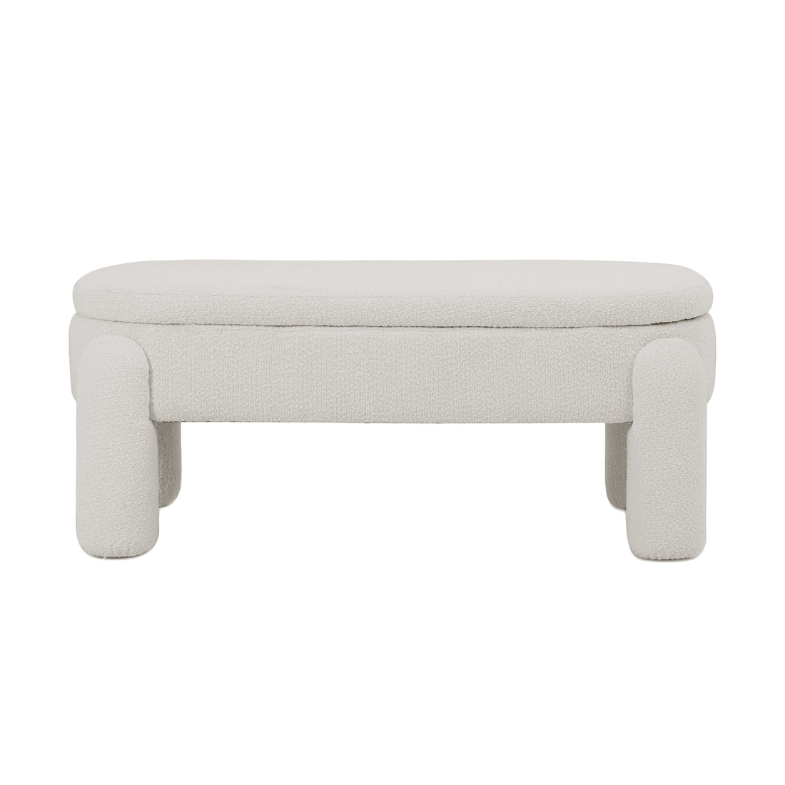 Lonea Bouclé Upholstered Bench w/ Storage Light Beige, featuring plush boucle fabric, padded seating, and a solid wood frame. The design includes a discreet storage compartment beneath the seat for added functionality.