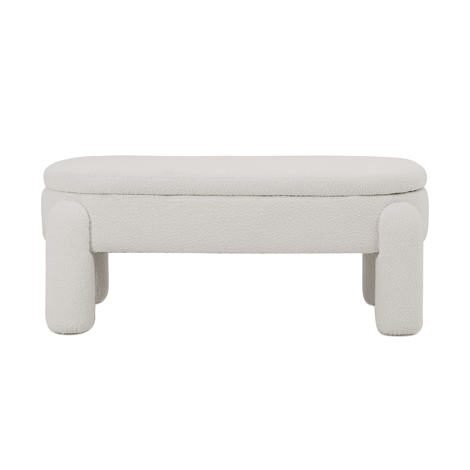Lonea Bouclé Upholstered Bench w/ Storage Light Beige, featuring plush boucle fabric, padded seating, and a solid wood frame. The design includes a discreet storage compartment beneath the seat for added functionality.