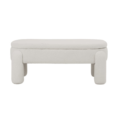 Lonea Bouclé Upholstered Bench w/ Storage Light Beige, featuring plush boucle fabric, padded seating, and a solid wood frame. The design includes a discreet storage compartment beneath the seat for added functionality.