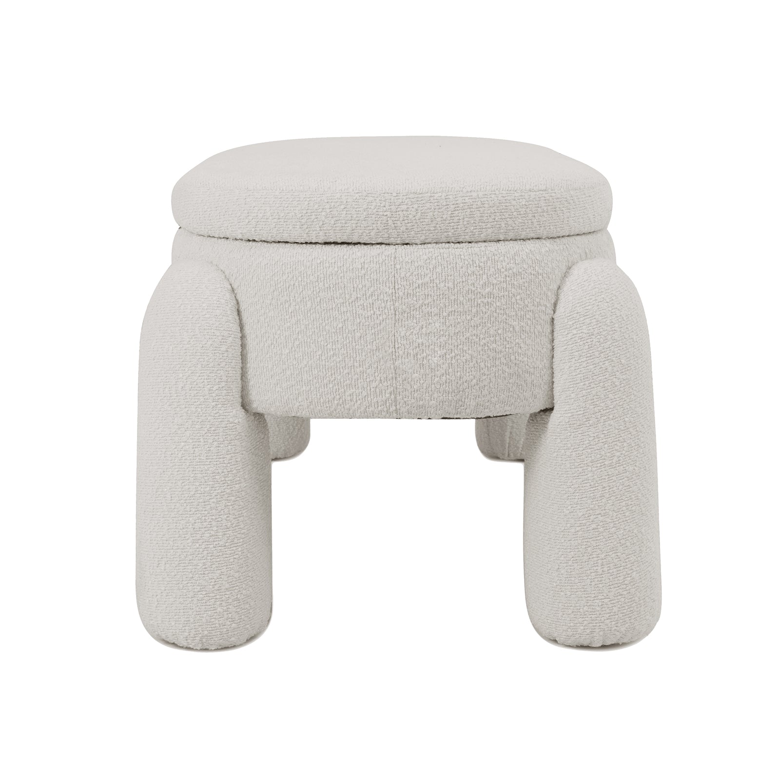 Close-up of the Lonea Bouclé Upholstered Bench with Storage showcasing its plush, textured boucle fabric and sleek design, emphasizing its functional storage feature and modern style.