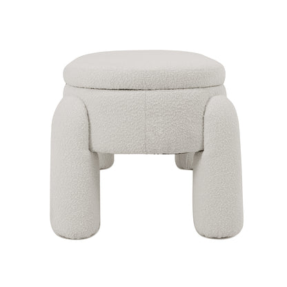 Close-up of the Lonea Bouclé Upholstered Bench with Storage showcasing its plush, textured boucle fabric and sleek design, emphasizing its functional storage feature and modern style.