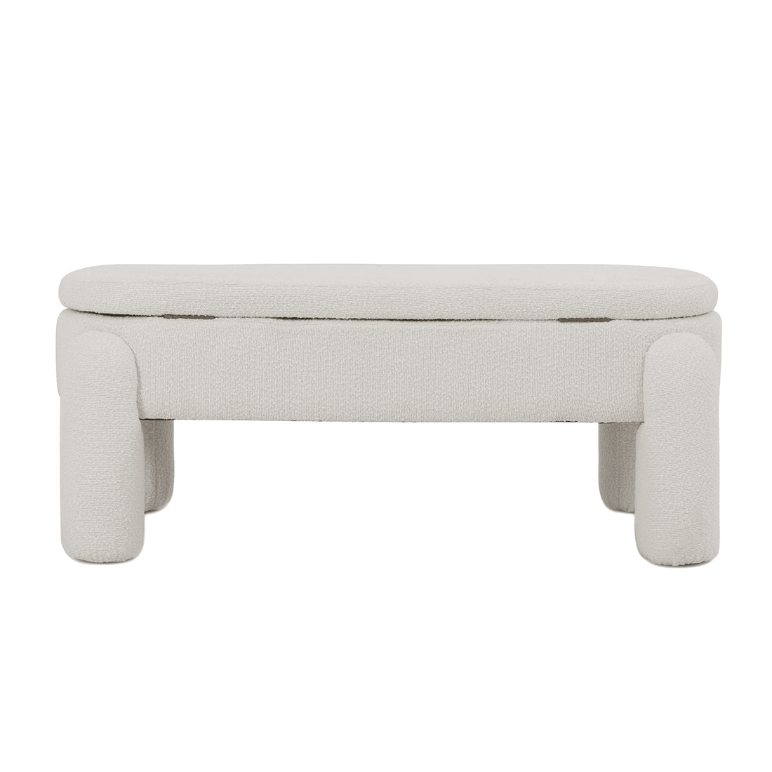Lonea Bouclé Upholstered Bench w/ Storage Light Beige features soft boucle fabric and a sleek design, showcasing a hidden storage compartment under the cushioned seat, perfect for modern home decor.