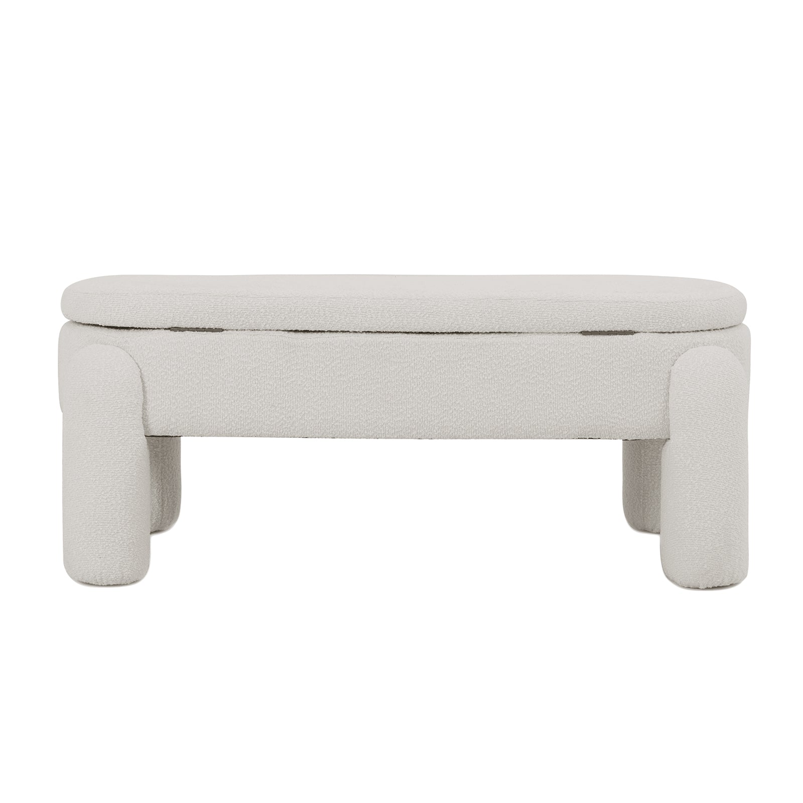 Lonea Bouclé Upholstered Bench w/ Storage Light Beige features soft boucle fabric and a sleek design, showcasing a hidden storage compartment under the cushioned seat, perfect for modern home decor.