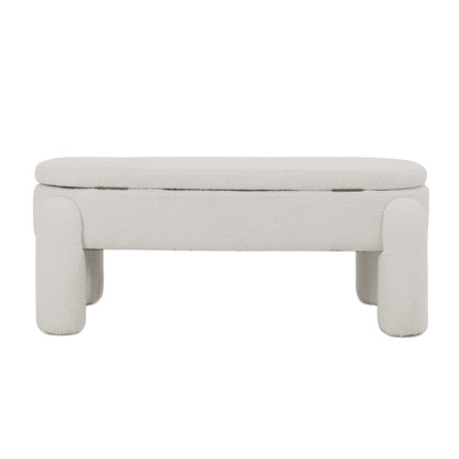 Lonea Bouclé Upholstered Bench w/ Storage Light Beige features soft boucle fabric and a sleek design, showcasing a hidden storage compartment under the cushioned seat, perfect for modern home decor.