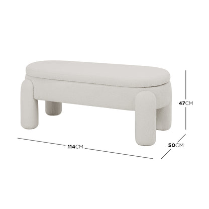 Lonea Bouclé Upholstered Bench with Storage in light beige, featuring soft boucle fabric, a solid wood frame, and a hidden storage compartment, showcasing its elegant design and functional appeal.