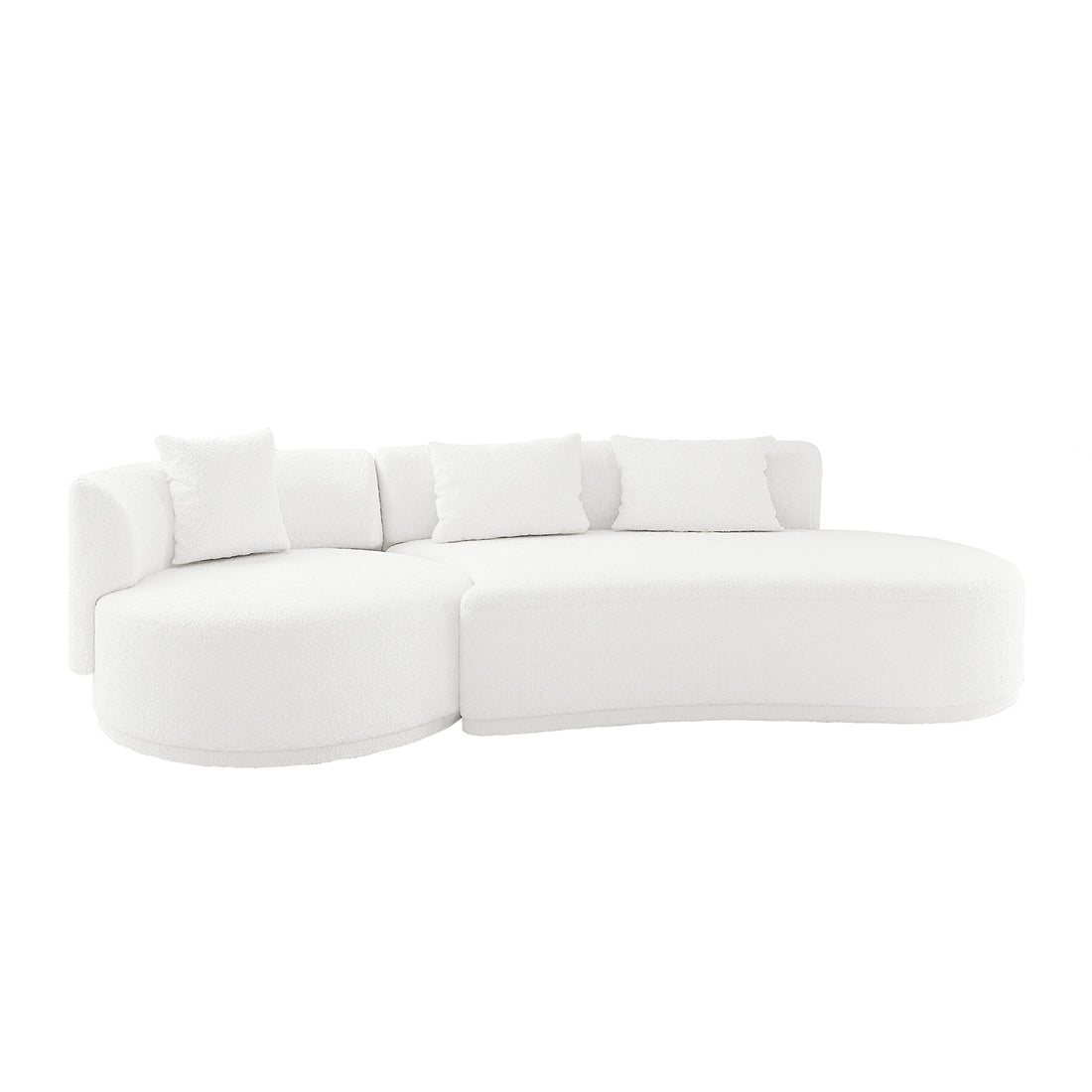 Lyana 4 Seater Boucle Sofa with Right Chaise in Cream White, featuring a modern, all-white curved design, textured boucle fabric, and four matching throw pillows for a sculptural look.