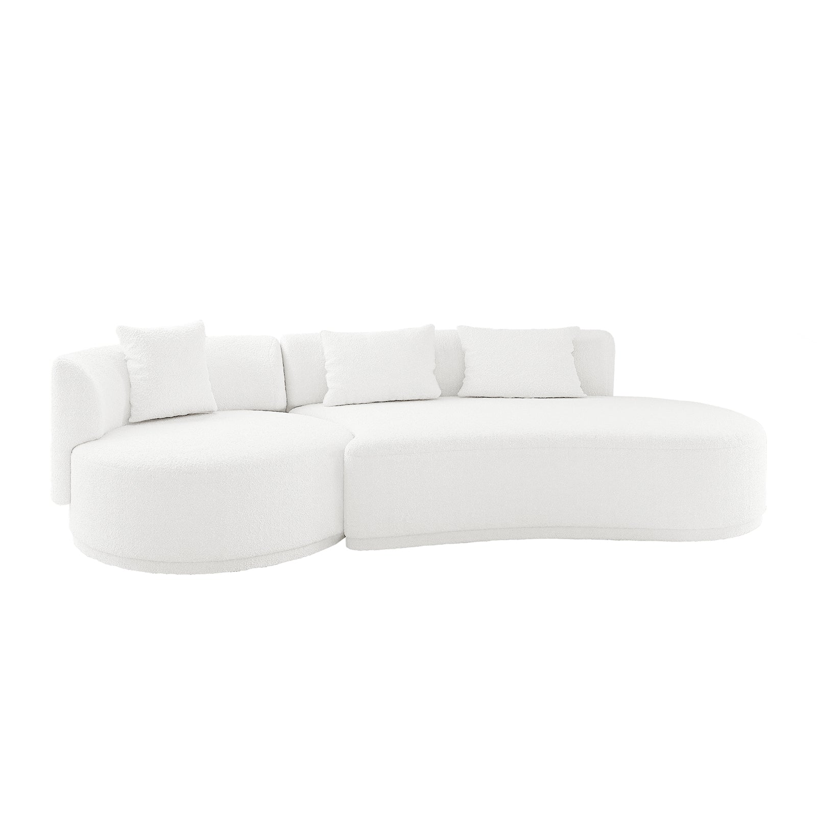 Lyana 4 Seater Boucle Sofa with Right Chaise in Cream White, featuring a modern, all-white curved design, textured boucle fabric, and four matching throw pillows for a sculptural look.