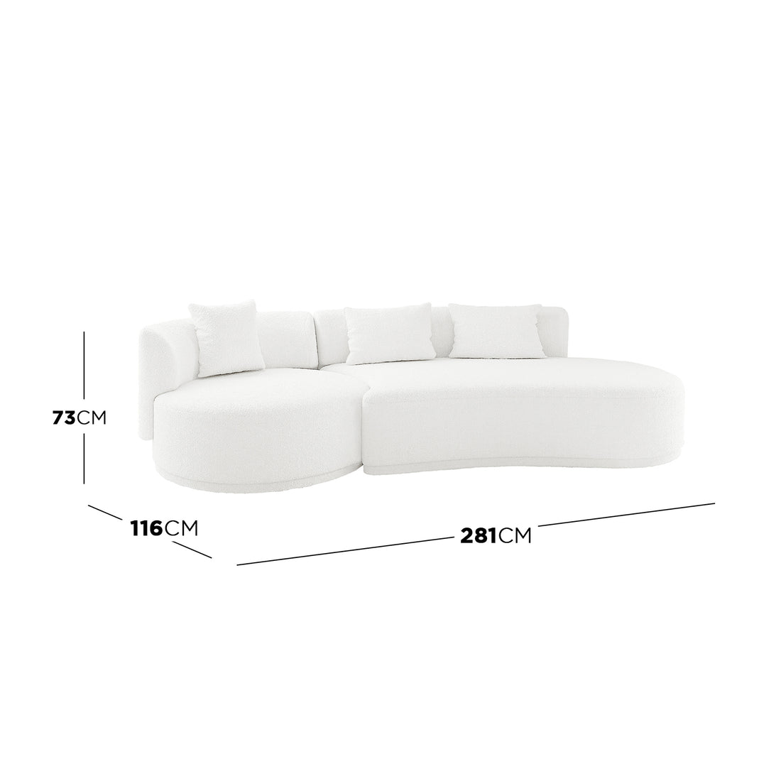 Lyana 4 Seater Boucle Sofa with Right Chaise in Cream White, featuring gently curved bouclé upholstery, loose back cushions, right-facing chaise, and spacious design for a chic, modern living room centerpiece.