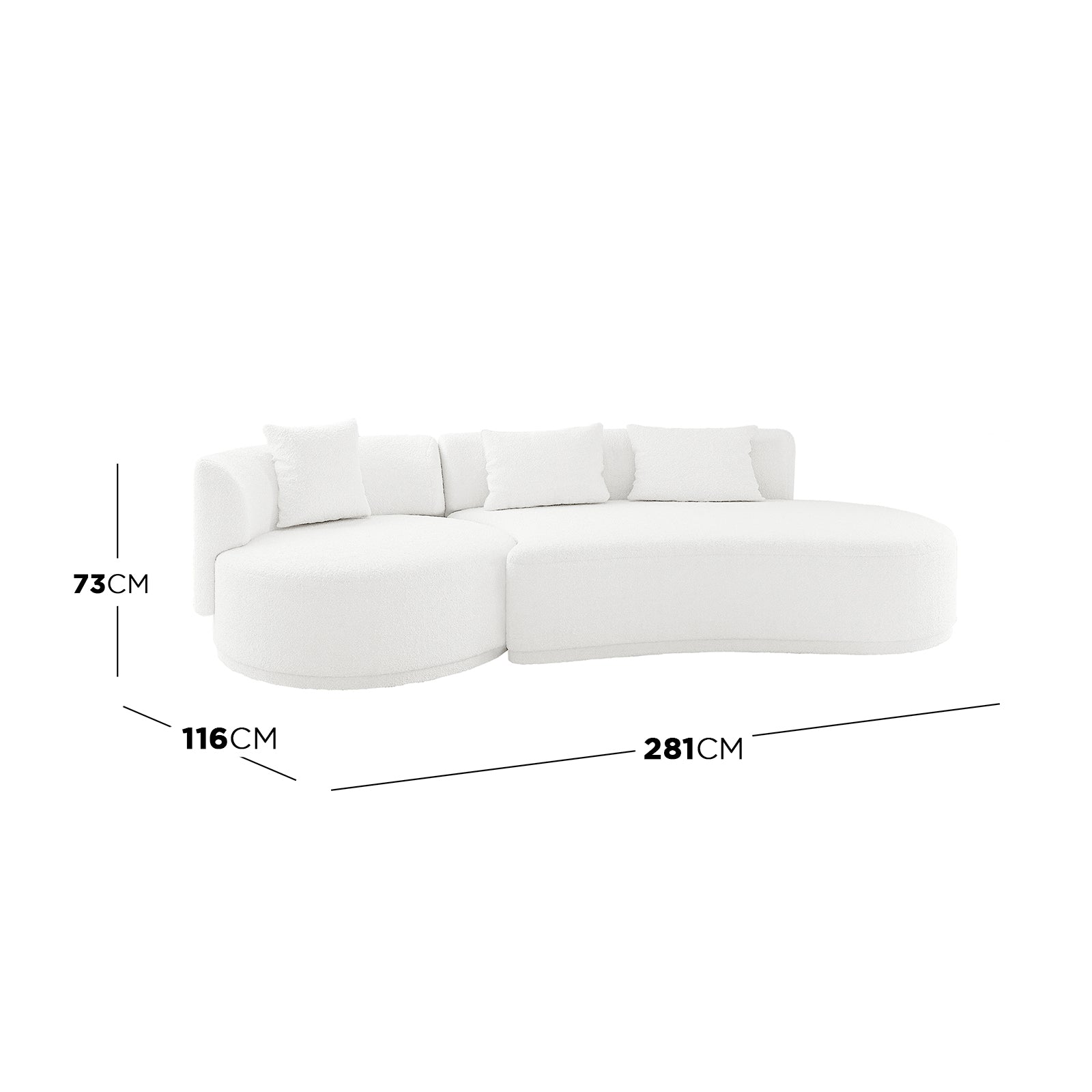 Lyana 4 Seater Boucle Sofa with Right Chaise in Cream White, featuring gently curved bouclé upholstery, loose back cushions, right-facing chaise, and spacious design for a chic, modern living room centerpiece.