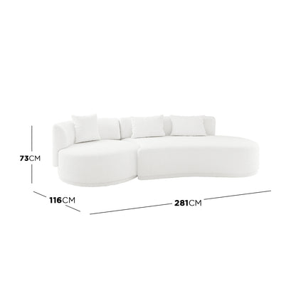 Lyana 4 Seater Boucle Sofa with Right Chaise in Cream White, featuring gently curved bouclé upholstery, loose back cushions, right-facing chaise, and spacious design for a chic, modern living room centerpiece.