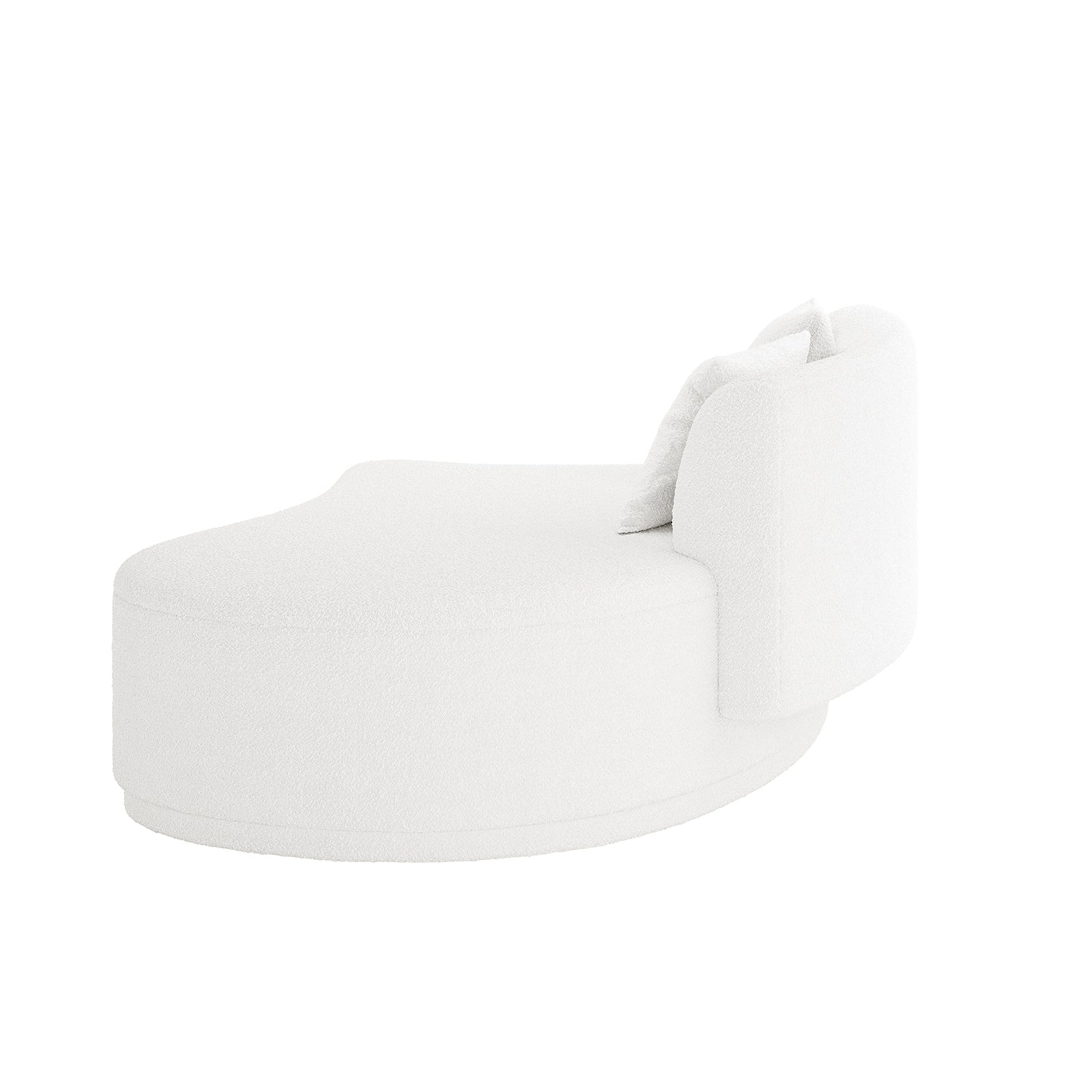 Lyana 4 Seater Boucle Sofa with Right Chaise in Cream White showcases a curved design, upholstered in textured boucle fabric, featuring a small backrest, rounded base, and matching throw pillow.