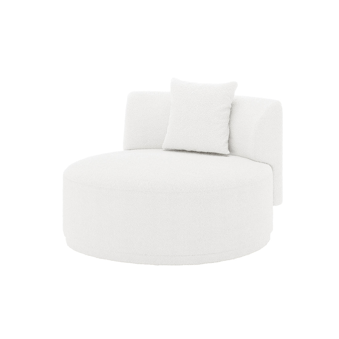 Lyana 4 Seater Bouclé Sofa with Right Chaise in Cream White, features a modern design with a round chair, partial curved backrest, and matching throw pillow, highlighting its luxurious appeal.