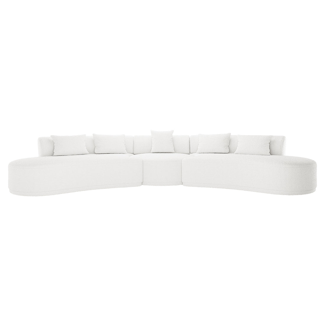 Lyana 7 Seater Boucle Sofa Set in Cream White, featuring a large, curved sectional design with three arc-shaped modules, plush white fabric, and six matching throw pillows, offering a minimalist, inviting appearance.