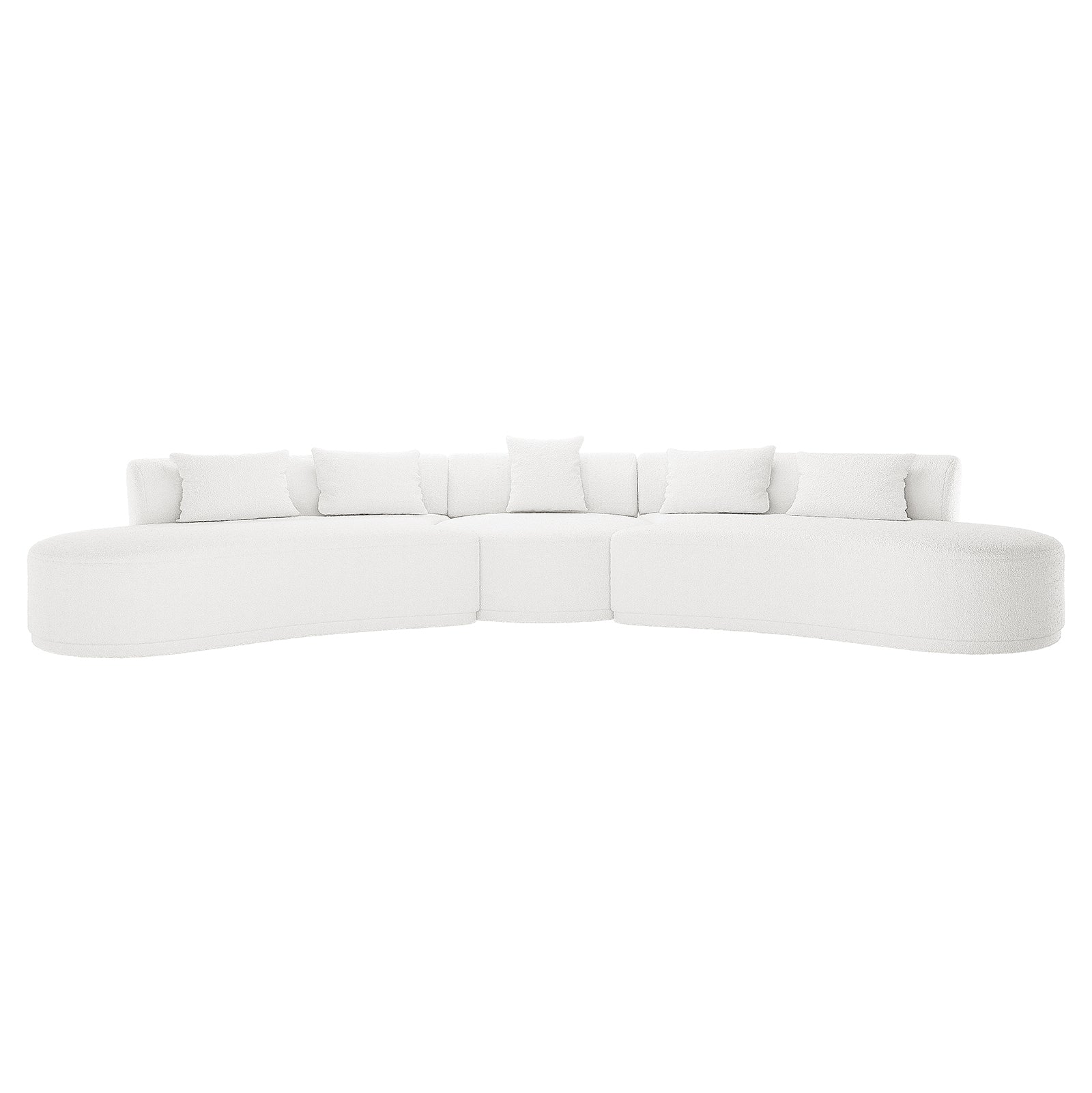 Lyana 7 Seater Boucle Sofa Set in Cream White, featuring a large, curved sectional design with three arc-shaped modules, plush white fabric, and six matching throw pillows, offering a minimalist, inviting appearance.