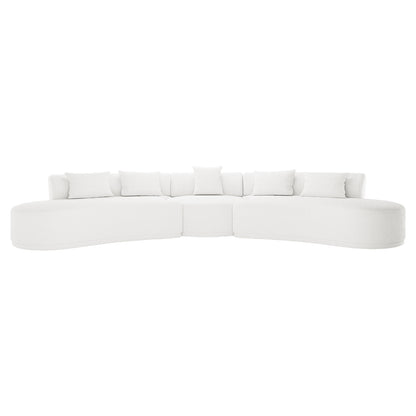 Lyana 7 Seater Boucle Sofa Set in Cream White, featuring a large, curved sectional design with three arc-shaped modules, plush white fabric, and six matching throw pillows, offering a minimalist, inviting appearance.