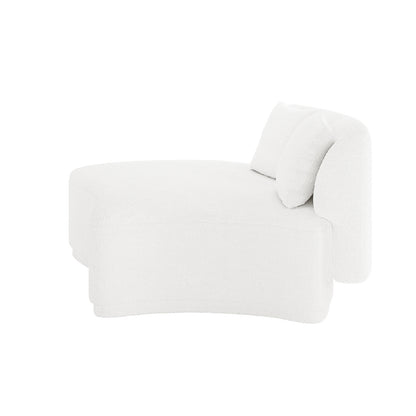 Lyana 7 Seater Boucle Sofa Set in Cream White features a single armless, curved-wedge module with white textured bouclé upholstery, low rounded seat, integrated sloping back, and two loose cushions.