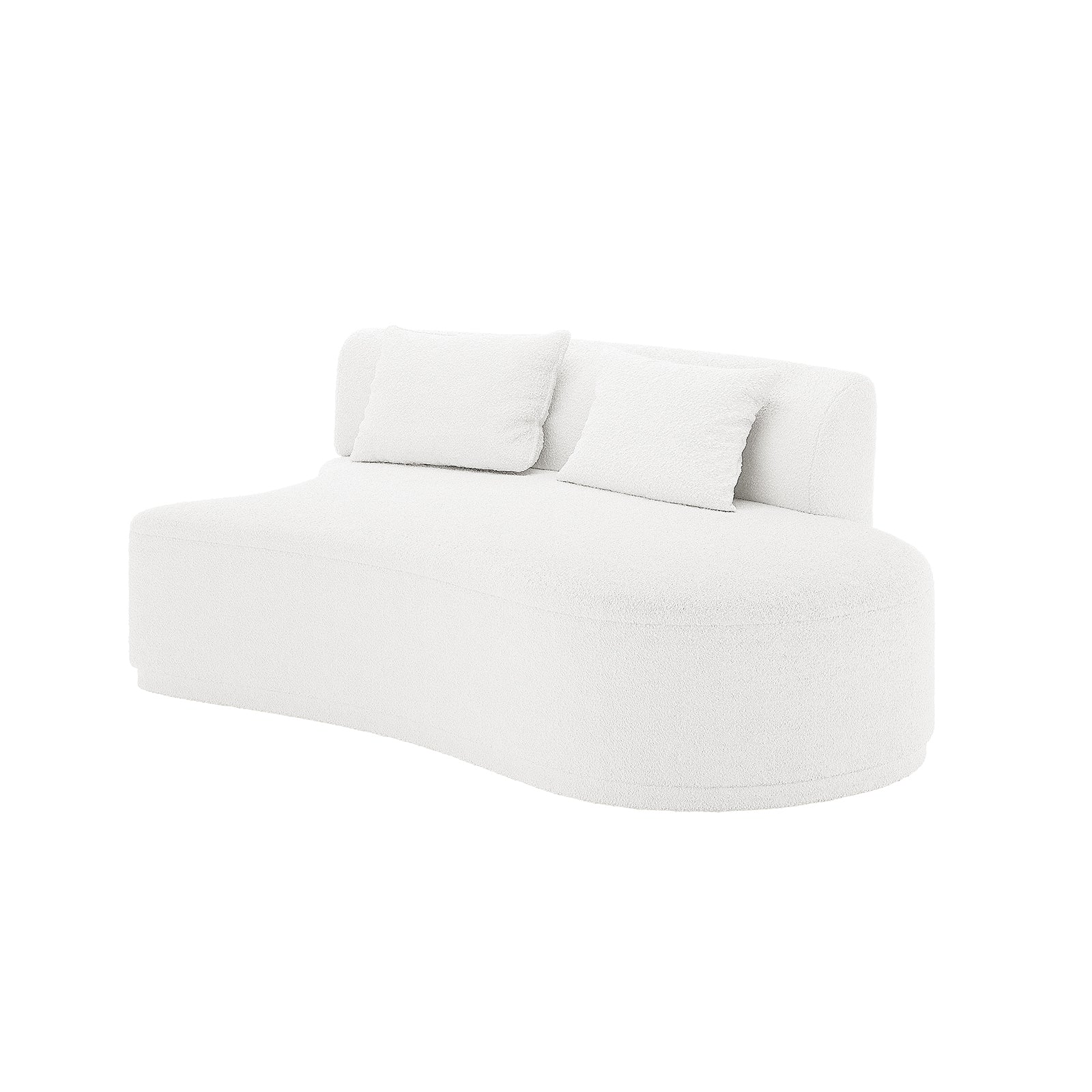 Lyana 7 Seater Boucle Sofa Set in Cream White, featuring a modern, armless design with a curved back and textured upholstery. The sofa includes two matching loose back cushions and a gently serpentine base.