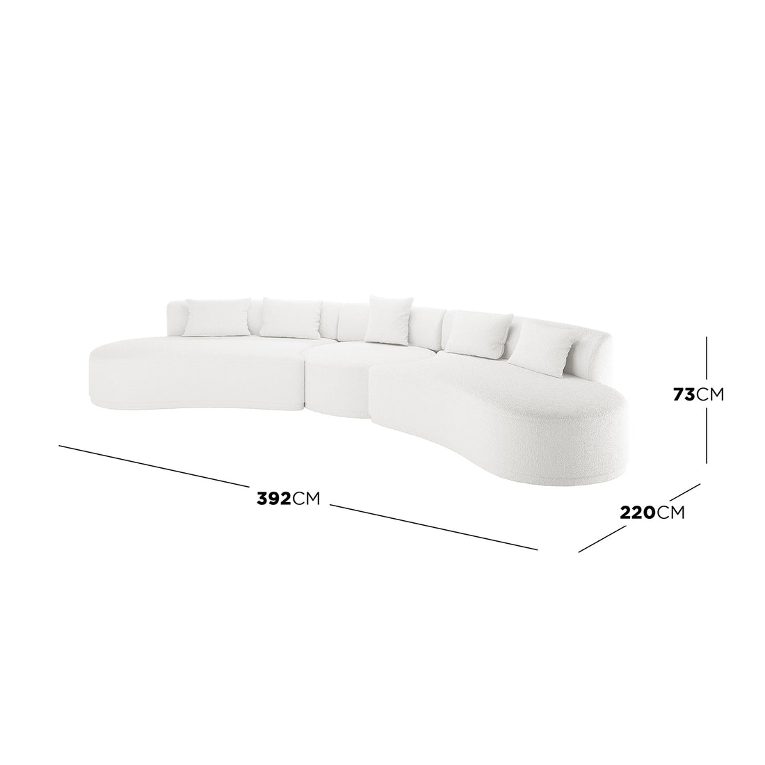 Lyana 7 Seater Boucle Sofa Set in Cream White, featuring a modern, curved design with three rounded segments, matching back cushions, and dimensions of 392cm wide, 220cm deep, and 73cm tall.