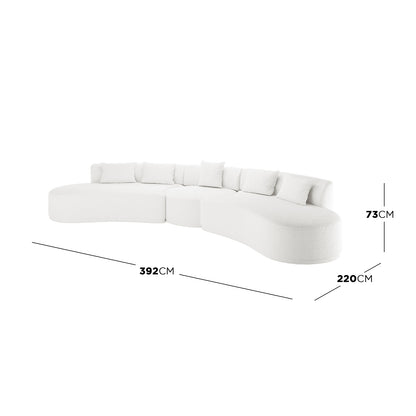 Lyana 7 Seater Boucle Sofa Set in Cream White, featuring a modern, curved design with three rounded segments, matching back cushions, and dimensions of 392cm wide, 220cm deep, and 73cm tall.