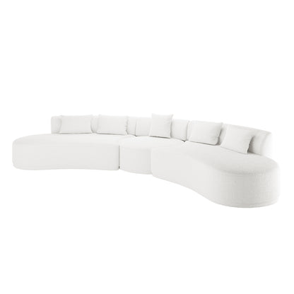 Lyana 7 Seater Boucle Sofa Set in Cream White, featuring a modern, all-white modular design with three curved pieces forming an arc, upholstered in soft boucle fabric, accompanied by seven matching throw pillows.