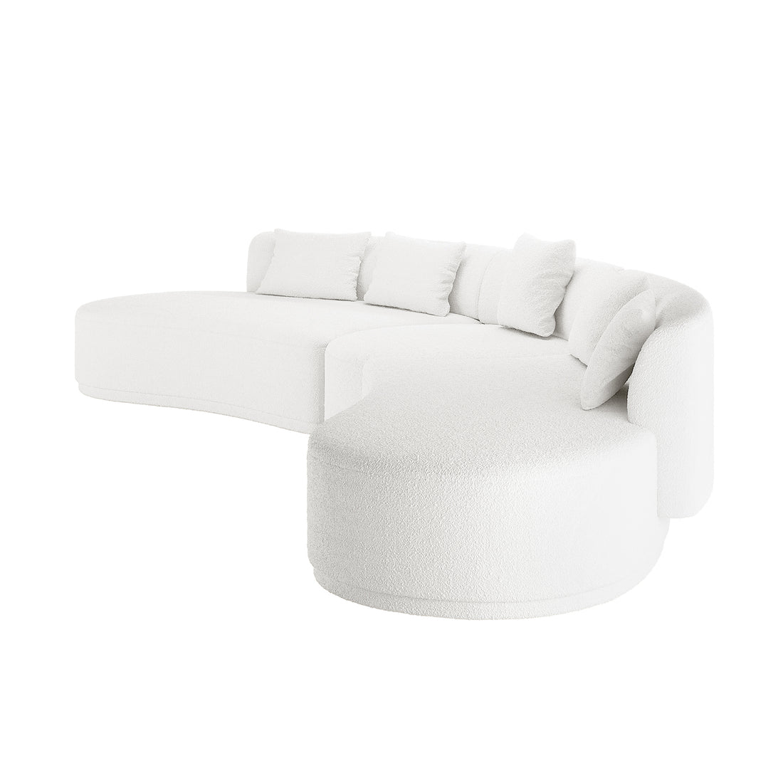 Lyana 7 Seater Bouclé Sofa Set in Cream White features a modern, curved design with an S-shaped seating arrangement, including a chaise extension and five loose back cushions, offering minimalist elegance.
