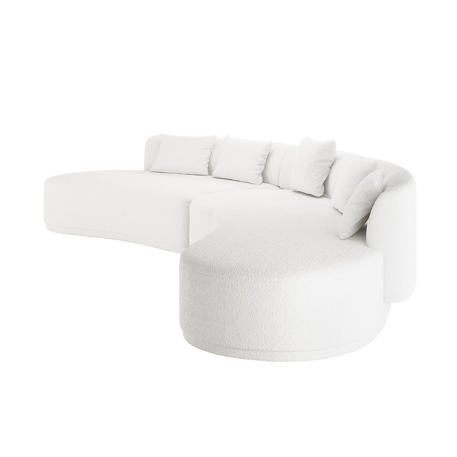 Lyana 7 Seater Bouclé Sofa Set in Cream White features a modern, curved design with an S-shaped seating arrangement, including a chaise extension and five loose back cushions, offering minimalist elegance.