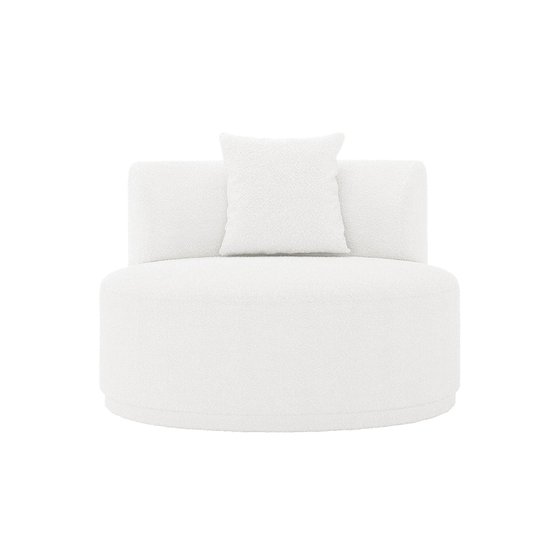 Lyana 7 Seater Bouclé Sofa Set in Cream White, featuring a modern, round, upholstered lounge chair with a curved backrest, low base, and matching throw pillow in bouclé fabric.