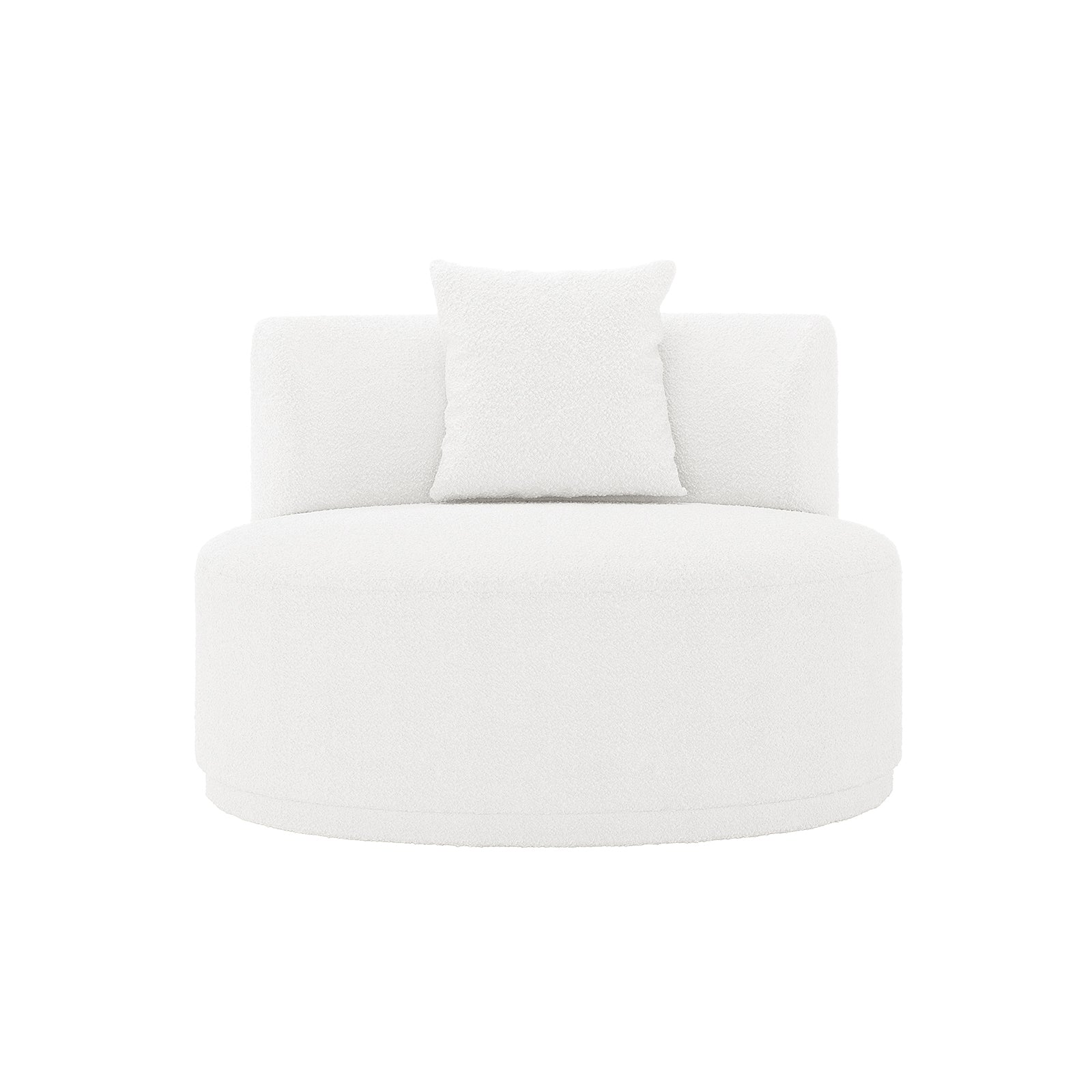 Lyana 7 Seater Bouclé Sofa Set in Cream White, featuring a modern, round, upholstered lounge chair with a curved backrest, low base, and matching throw pillow in bouclé fabric.