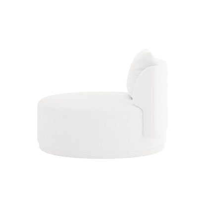 The Lyana 7 Seater Boucle Sofa Set in Cream White features a modern, circular upholstered lounge seat with a white bouclé fabric, thick round base, short curved backrest, and loose cushion.