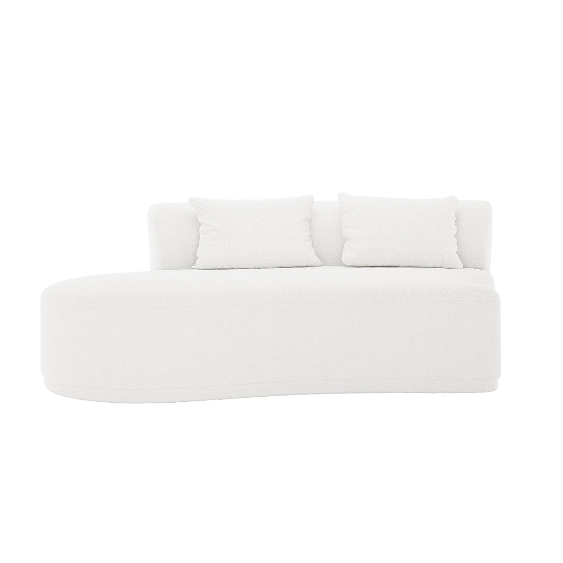 Lyana 7 Seater Bouclé Sofa Set in Cream White features a modern, low-profile design with curved edges, textured bouclé fabric, and two matching cushions, offering a minimalist and elegant look.