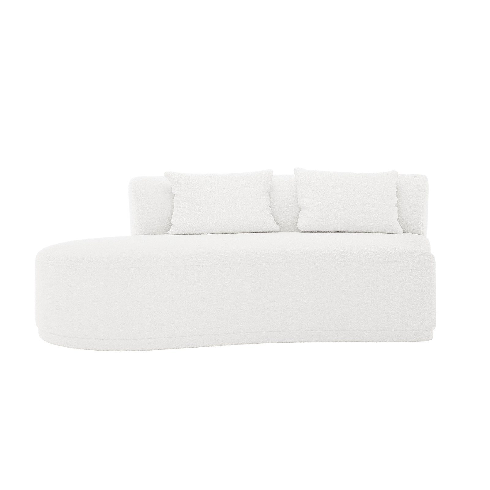 Lyana 7 Seater Bouclé Sofa Set in Cream White features a modern, low-profile design with curved edges, textured bouclé fabric, and two matching cushions, offering a minimalist and elegant look.