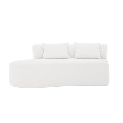 Lyana 7 Seater Bouclé Sofa Set in Cream White features a modern, low-profile design with curved edges, textured bouclé fabric, and two matching cushions, offering a minimalist and elegant look.