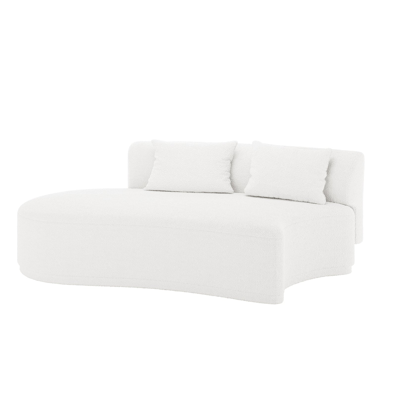 Lyana 7 Seater Boucle Sofa Set in Cream White features a modern, low-profile design with a curved seating platform, low backrest, and two matching rectangular throw pillows in textured boucle fabric.