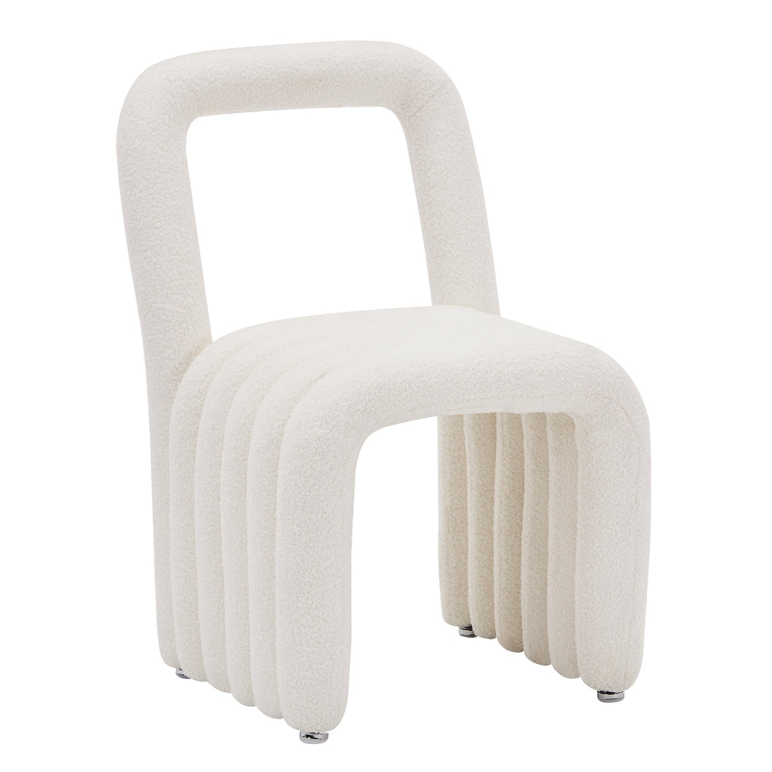 Lycus Boucle Cushioned Metal Frame Accent Chair features a modern curved back design with plush cushioning, highlighting its sleek metal frame for stylish support.