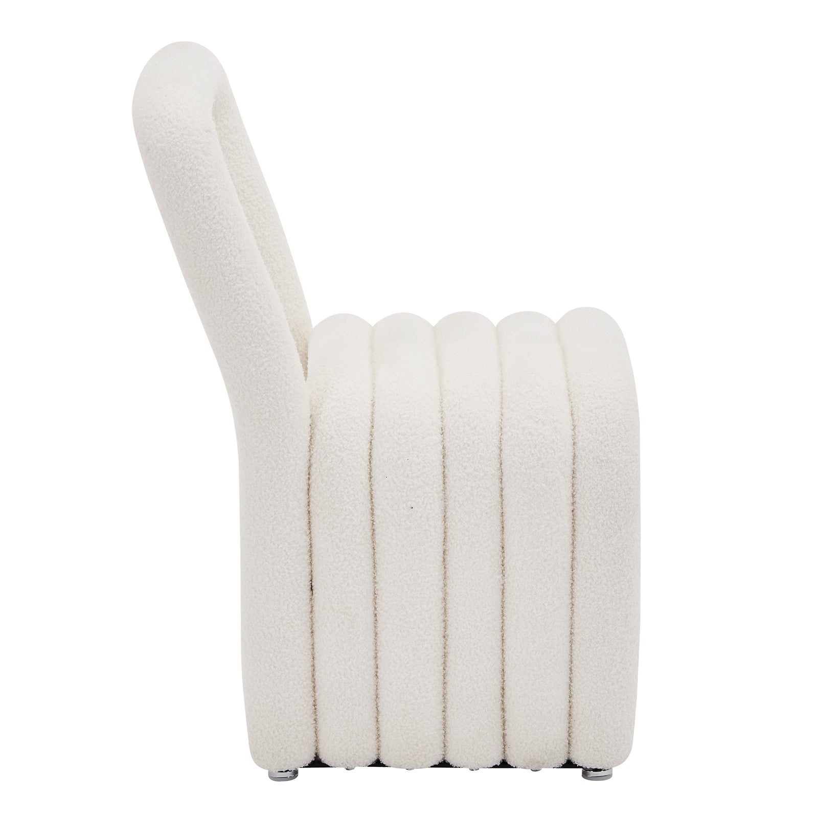 Lycus Boucle Cushioned Metal Frame Accent Chair Cream White, showcasing its plush high-density foam seat, luxurious boucle fabric texture, and sleek metal frame, designed for modern comfort and style.