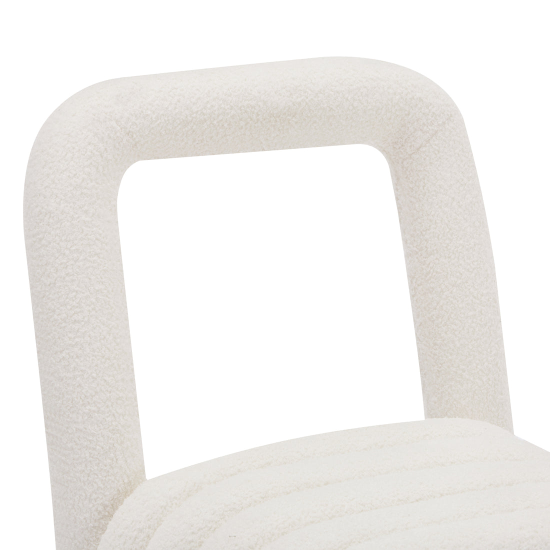 Lycus Boucle Cushioned Metal Frame Accent Chair Cream White, featuring a sleek metal frame and plush boucle fabric upholstery, highlighting its modern arched seating design and cushioned seat for ultimate comfort.