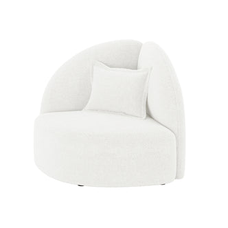 Mahsa Boucle Kids Sofa with Pillow in Cream White, featuring a low-profile design with a round seat and curved backrest, upholstered in soft bouclé fabric, accompanied by a matching square throw pillow.