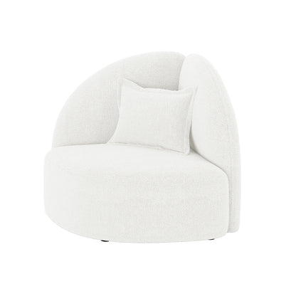 Mahsa Boucle Kids Sofa with Pillow in Cream White, featuring a low-profile design with a round seat and curved backrest, upholstered in soft bouclé fabric, accompanied by a matching square throw pillow.