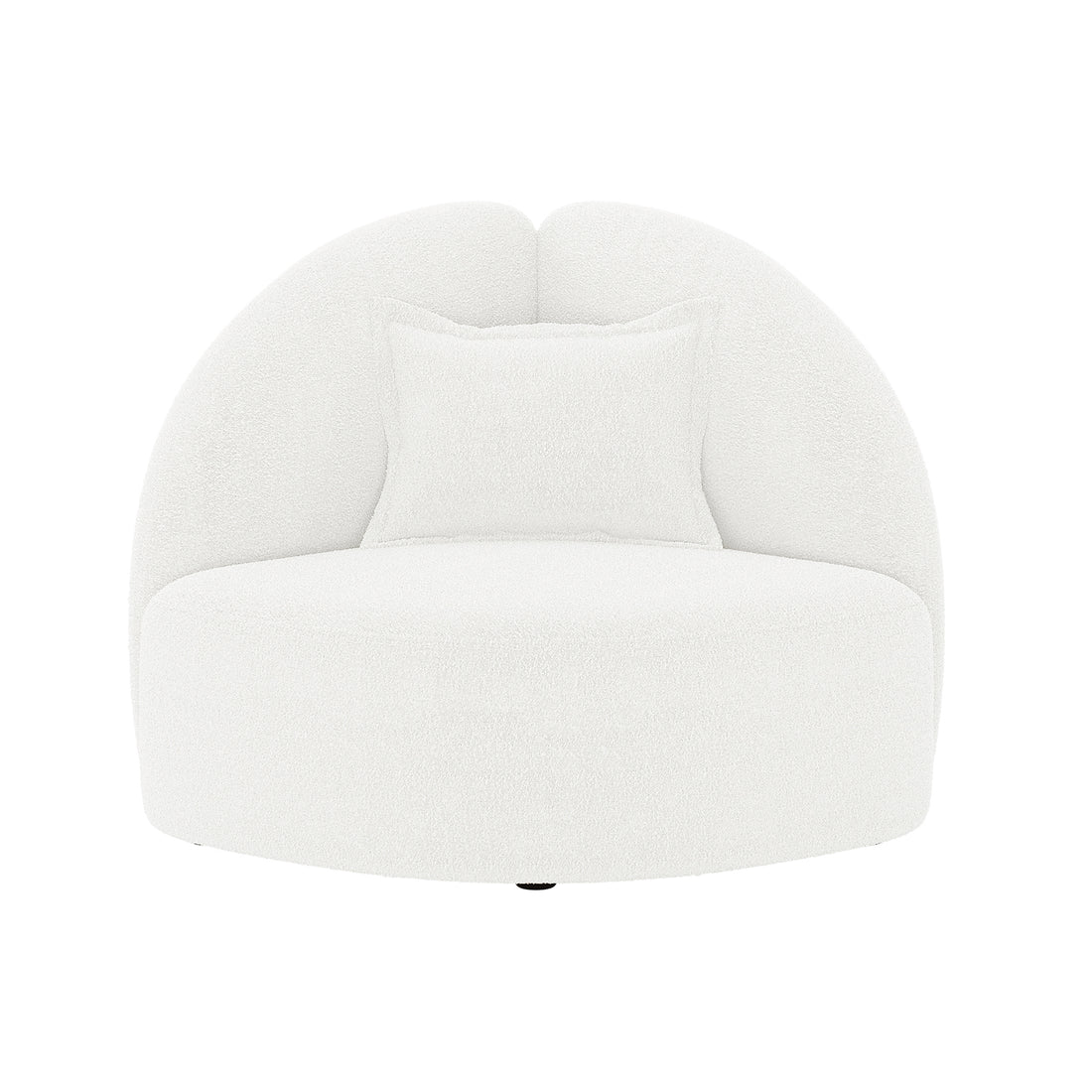 Mahsa Boucle Kids Sofa with Pillow in Cream White, showcasing a modern round swivel lounge chair with a curved half-moon back, upholstered in soft boucle fabric, includes a matching rectangular throw pillow.