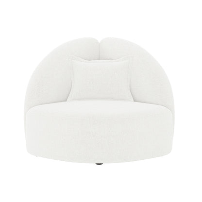 Mahsa Boucle Kids Sofa with Pillow in Cream White, showcasing a modern round swivel lounge chair with a curved half-moon back, upholstered in soft boucle fabric, includes a matching rectangular throw pillow.