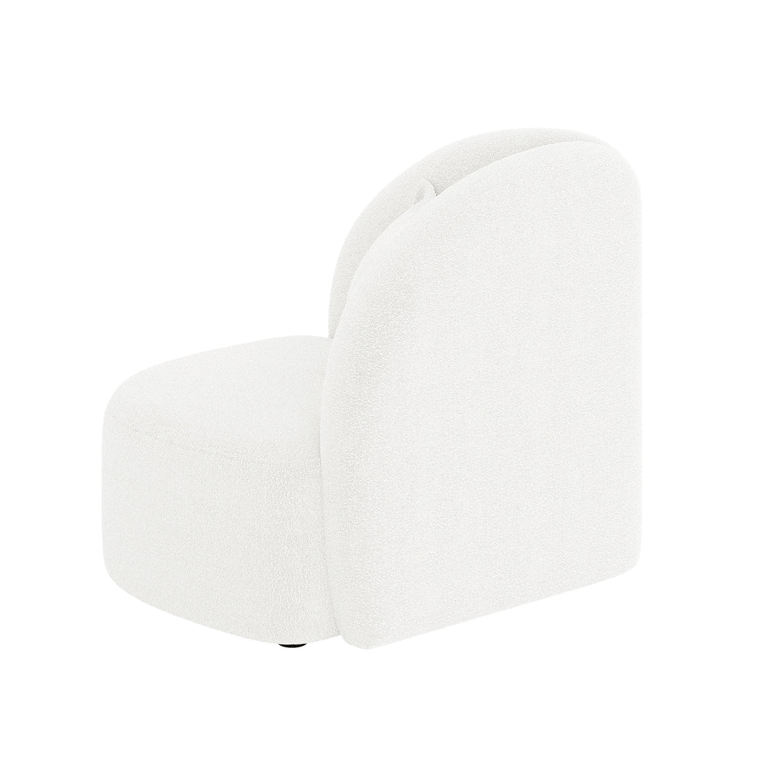 Mahsa Boucle Kids Sofa with Pillow in Cream White features a modern design with a rounded seat, curved backrest, soft bouclé fabric, and swivel base, providing a cosy seating option for children.