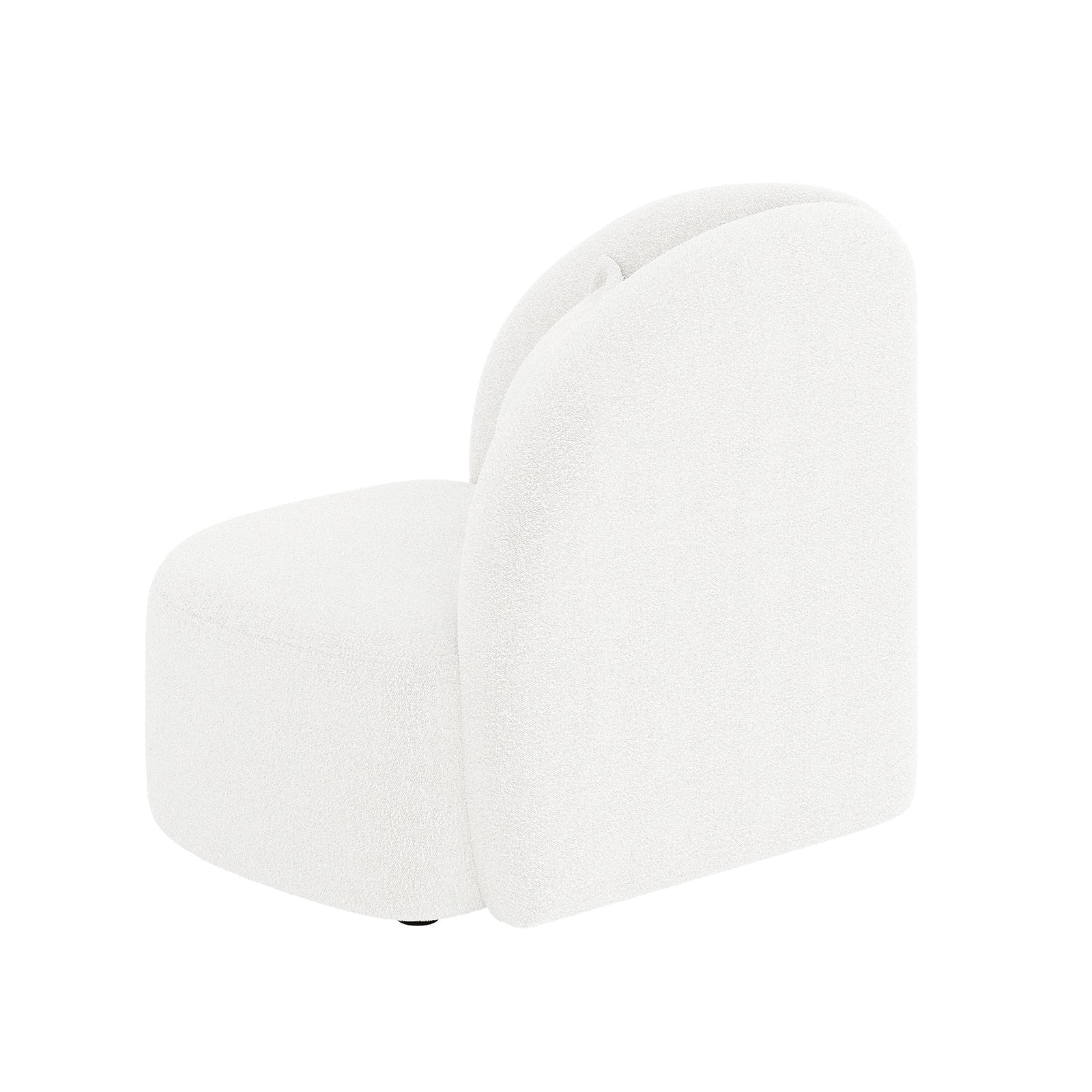 Mahsa Boucle Kids Sofa with Pillow in Cream White features a modern design with a rounded seat, curved backrest, soft bouclé fabric, and swivel base, providing a cosy seating option for children.