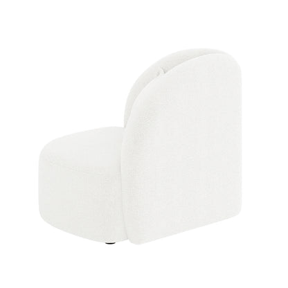 Mahsa Boucle Kids Sofa with Pillow in Cream White features a modern design with a rounded seat, curved backrest, soft bouclé fabric, and swivel base, providing a cosy seating option for children.