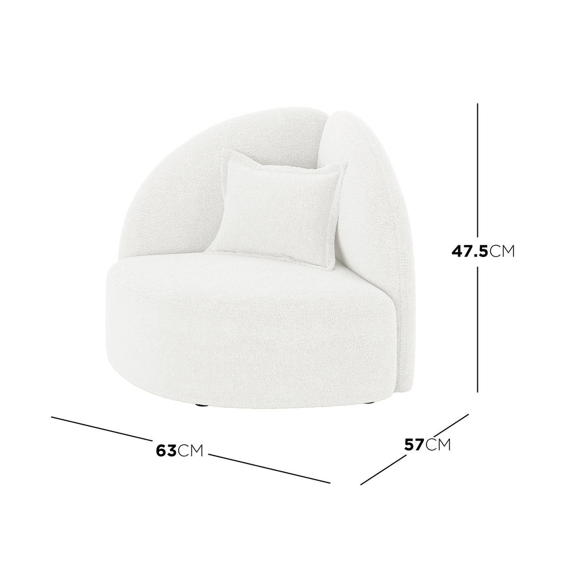 Mahsa Boucle Kids Sofa with Pillow in Cream White, featuring a small, modern lounge chair with a semi-circular backrest, matching throw pillow, and dimensions: 63 cm width, 57 cm depth, 47.5 cm height.