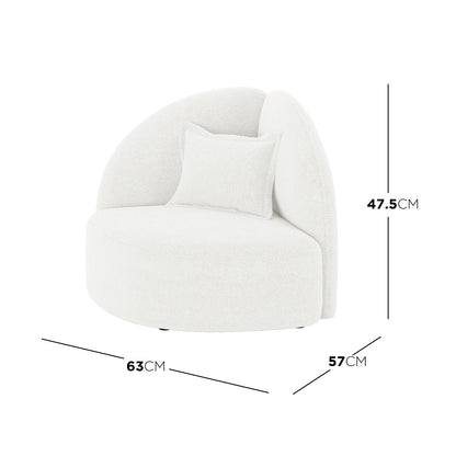 Mahsa Boucle Kids Sofa with Pillow in Cream White, featuring a small, modern lounge chair with a semi-circular backrest, matching throw pillow, and dimensions: 63 cm width, 57 cm depth, 47.5 cm height.